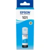 Front view of Epson 101 EcoTank 70 ml cyan ink bottle (C13T03V24A) Close-up of the EcoTank cyan ink bottle nozzle filling a printer reservoir Epson cyan ink bottle alongside an EcoTank refillable printer Packaged Epson 101 cyan ink bottle on a white background Label detail showing model number and capacity on a cyan ink bottle Printed photo with vibrant cyan tones next to the ink bottle