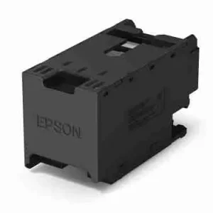 Epson C12C938211 Maintenance Box product photo Installation of maintenance box into Epson WorkForce Pro printer Epson maintenance alert notification screen C12C938211 cartridge packaging and box contents Compatible Epson printer model next to maintenance box Ink purging process managed by Epson maintenance box
