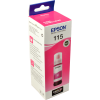 Epson 115 EcoTank 70 ml magenta ink bottle standing upright Close-up of EcoTank magenta ink bottle nozzle filling a printer tank Packaged Epson C13T07D44A magenta ink bottle beside printed photos Front label of Epson 115 magenta ink bottle showing model code EcoTank L8160 printer with magenta ink bottle inserted Side view of Epson magenta dye-based ink bottle on a white background