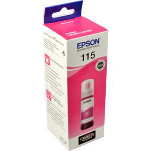 Epson 115 EcoTank 70 ml magenta ink bottle standing upright Close-up of EcoTank magenta ink bottle nozzle filling a printer tank Packaged Epson C13T07D44A magenta ink bottle beside printed photos Front label of Epson 115 magenta ink bottle showing model code EcoTank L8160 printer with magenta ink bottle inserted Side view of Epson magenta dye-based ink bottle on a white background