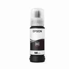 Epson 115 EcoTank Pigment Black Ink Bottle (70 ml) front label view Close-up of Epson pigment black ink bottle nozzle refilling a printer tank Epson black Claria ET Premium ink bottle beside printed document Side view of the 70 ml Epson C13T07C14A ink bottle showing model code Epson EcoTank printer with pigment black ink bottle installed Packaged Epson 115 pigment black ink bottle on a white background
