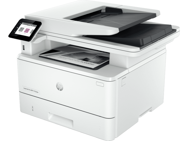 Front view of the HP LaserJet Pro MFP 4103dw showing control panel and output tray Side angle of MFP 4103dw with the 50-sheet ADF lid open Close-up of the touchscreen control panel on the HP MFP 4103dw Rear view illustrating Ethernet and USB ports on the HP MFP 4103dw HP LaserJet Pro MFP 4103dw printing a sharp black-and-white document Dual-band Wi-Fi symbol and paper path inside the HP MFP 4103dw