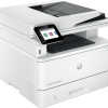 Front view of the HP LaserJet Pro MFP 4103dw showing control panel and output tray Side angle of MFP 4103dw with the 50-sheet ADF lid open Close-up of the touchscreen control panel on the HP MFP 4103dw Rear view illustrating Ethernet and USB ports on the HP MFP 4103dw HP LaserJet Pro MFP 4103dw printing a sharp black-and-white document Dual-band Wi-Fi symbol and paper path inside the HP MFP 4103dw