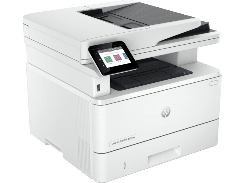 Front view of the HP LaserJet Pro MFP 4103dw showing control panel and output tray Side angle of MFP 4103dw with the 50-sheet ADF lid open Close-up of the touchscreen control panel on the HP MFP 4103dw Rear view illustrating Ethernet and USB ports on the HP MFP 4103dw HP LaserJet Pro MFP 4103dw printing a sharp black-and-white document Dual-band Wi-Fi symbol and paper path inside the HP MFP 4103dw