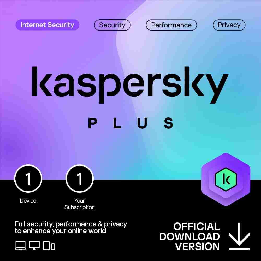 Kaspersky Plus 1 Device 1 Year License KL1042Q5AFS retail box User interface of Kaspersky dashboard showing antivirus status Mobile and PC supported by Kaspersky Plus Kaspersky VPN and password manager feature icons Almiria Limited Nairobi – Kaspersky authorized reseller banner Kaspersky Plus product image with supported platforms