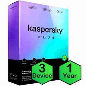 Kaspersky Plus 2024 box for 3 devices, 1-year license Kaspersky security software user dashboard interface Product listing of Kaspersky Plus at Almiria Techstore Mobile and desktop icons showing multi-device support VPN and antivirus protection icon highlights Almiria Limited storefront or branding
