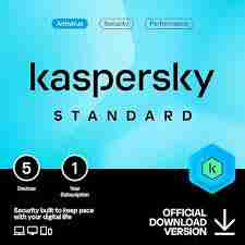 Kaspersky Standard Antivirus box for 5 devices – 1-year license Dashboard interface showing device security overview Kaspersky running on Windows, Mac, Android, and iOS devices Kaspersky anti-phishing alert screen Antivirus optimization tool cleaning system files Kaspersky product listing at a Kenyan online store