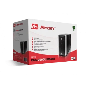 Front view of Mercury Elite 2000U SMART Offline UPS showing power and status LEDs Side shot of the UPS with two 12 V/9 Ah lead-acid batteries installed Rear panel view displaying AC outlets, USB port, and power switch Close-up of the UPSilon2000 software interface on a laptop connected via USB Mercury Elite 2000U UPS powering a desktop PC in a home office setting Detail of audible alarm vents and indicator labels on the Mercury Elite 2000U UPS