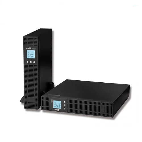 Mercury Envy 1500VA Smart-UPS in rackmount orientation with front display lit Side view of Envy 1500VA Smart-UPS converted to tower configuration on desk Rear panel showing three universal outlets and battery compartment cover removed Close-up of front LCD display indicating input voltage, load level, and battery status Mercury Envy Smart-UPS next to a server rack with network equipment powered Technician plugging RS232/USB cables into the Smart-UPS communication ports