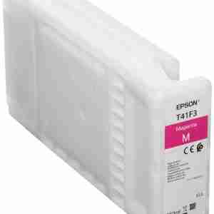 Front view of Epson T41F340 UltraChrome XD2 350 ml magenta ink cartridge Close-up of the label on an Epson UltraChrome XD2 magenta cartridge Epson magenta cartridge installed in a wide-format printer Packaging of the Epson Singlepack UltraChrome XD2 T41F340 Magenta cartridge Side angle of the 350 ml Epson T41F340 magenta ink bottle Epson UltraChrome XD2 magenta ink cartridge next to printed wide-format graphic