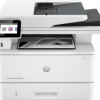 Front view of the HP LaserJet Pro MFP 4103dw showing control panel and output tray Side angle of MFP 4103dw with the 50-sheet ADF lid open Close-up of the touchscreen control panel on the HP MFP 4103dw Rear view illustrating Ethernet and USB ports on the HP MFP 4103dw HP LaserJet Pro MFP 4103dw printing a sharp black-and-white document Dual-band Wi-Fi symbol and paper path inside the HP MFP 4103dw