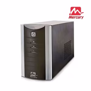 Front view of Mercury Elite 2000U SMART Offline UPS showing power and status LEDs Side shot of the UPS with two 12 V/9 Ah lead-acid batteries installed Rear panel view displaying AC outlets, USB port, and power switch Close-up of the UPSilon2000 software interface on a laptop connected via USB Mercury Elite 2000U UPS powering a desktop PC in a home office setting Detail of audible alarm vents and indicator labels on the Mercury Elite 2000U UPS