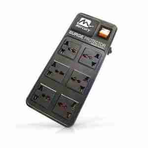 Front view of the 6420U surge protector showing six universal sockets and neon indicator Side angle of the 6420U with its 1.8 m British-type input plug and fireproof casing Close-up of the neon power indicator illuminated on the 6420U surge protector Overhead shot of the 6420U power strip with plugged-in devices against a white background Image of the 6420U’s cord and British plug resting next to the unit Detail of the universal socket openings on the 6420U surge protector