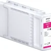 Front view of Epson T41F340 UltraChrome XD2 350 ml magenta ink cartridge Close-up of the label on an Epson UltraChrome XD2 magenta cartridge Epson magenta cartridge installed in a wide-format printer Packaging of the Epson Singlepack UltraChrome XD2 T41F340 Magenta cartridge Side angle of the 350 ml Epson T41F340 magenta ink bottle Epson UltraChrome XD2 magenta ink cartridge next to printed wide-format graphic