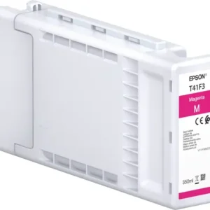 Front view of Epson T41F340 UltraChrome XD2 350 ml magenta ink cartridge Close-up of the label on an Epson UltraChrome XD2 magenta cartridge Epson magenta cartridge installed in a wide-format printer Packaging of the Epson Singlepack UltraChrome XD2 T41F340 Magenta cartridge Side angle of the 350 ml Epson T41F340 magenta ink bottle Epson UltraChrome XD2 magenta ink cartridge next to printed wide-format graphic