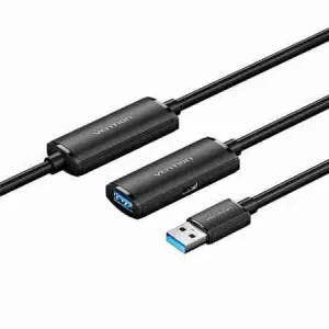 Vention CBMBJ 5M USB 3.0 active extension cable front view USB Type-A male to female cable black color 5 meters Signal boosting chipset close-up on Vention CBMBJ cable Vention USB 3.0 extension plugged into laptop and external device Coiled view of 5-meter Vention USB cable with reinforced ends Vention CBMBJ cable packaging with cable layout shown