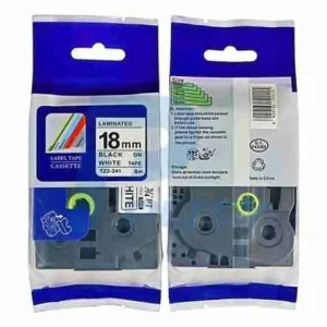 Compatible Brother TZ2-241 18mm black on white label tape roll Brother P-Touch printer with 18mm white tape installed Sample label printed in black on white TZ2-241 tape TZ2-241 tape used on file folder or office shelf Close-up of laminated label applied to electronic device Packaging of compatible 18mm Brother label tape