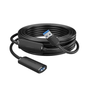 Vention USB 3.0 active extension cable CBMBL front view USB A male to A female Vention cable with reinforced ends Side view of Vention USB 3.0 cable showing flexible design Vention active USB extender plugged into laptop and device Close-up of USB 3.0 ports and signal booster casing Vention CBMBL packaging and cable layout on table