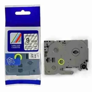 Compatible Brother TZ2-221 9mm black on white label tape roll Label printed with TZ2-221 on office file folder Brother P-touch printer with TZ2-221 tape installed Black text on white laminated label applied to storage bin 9mm durable label on home or office equipment Packaging of compatible TZ2-221 label tape for Brother printers