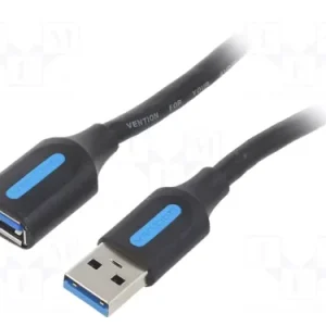 Vention CBHBF 1M USB 3.0 cable with A male and A female connectors Vention USB 3.0 extension cable black 1 meter coiled Close-up of nickel-plated USB connectors on CBHBF cable Dual shielded structure USB cable side view Vention USB A to A 3.0 extension cable plugged into laptop Packaging and layout of Vention CBHBF cable