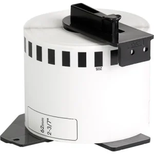 Brother DK-22205 label roll 62mm front view Black on white continuous label roll DK-22205 close-up Brother label roll installed in QL printer Roll of DK-22205 with printed address labels Custom-length signage printed on DK-22205 label roll Packaging of Brother DK-22205 continuous label roll
