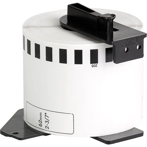 Brother DK-22205 label roll 62mm front view Black on white continuous label roll DK-22205 close-up Brother label roll installed in QL printer Roll of DK-22205 with printed address labels Custom-length signage printed on DK-22205 label roll Packaging of Brother DK-22205 continuous label roll