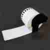Brother DK-22205 label roll 62mm front view Black on white continuous label roll DK-22205 close-up Brother label roll installed in QL printer Roll of DK-22205 with printed address labels Custom-length signage printed on DK-22205 label roll Packaging of Brother DK-22205 continuous label roll