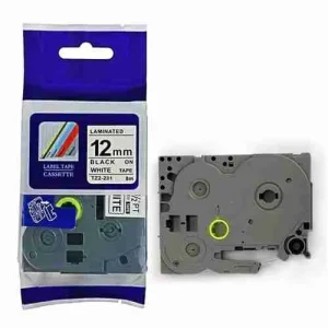 Compatible Brother TZ2-231 12mm label tape black on white Brother P-Touch printer using TZ2-231 tape White laminated label applied to file folder 12mm black on white label used on storage bin Close-up of TZ2-231 label cartridge Compatible Brother label tape roll with clean black-on-white print Brother P-Touch printer using TZ2-231 tape White laminated label applied to file folder 12mm black on white label used on storage bin Close-up of TZ2-231 label cartridge Compatible Brother label tape roll with clean black-on-white print