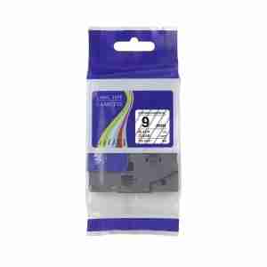 Compatible Brother TZ2-121 9mm black on clear label tape roll Clear laminated label with black text on glass surface Brother P-touch printer with TZ2-121 tape installed Close-up of transparent label applied to plastic folder Durable 9mm laminated label on office supplies TZ2-121 tape roll in retail packaging