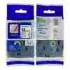 Compatible Brother TZ2-141 18mm black on clear label roll Black on clear label applied to glass surface Brother P-Touch printer with TZ2-141 tape installed Close-up of transparent label with black text TZ2-141 compatible tape used on office folders Packaging of 18mm clear laminated label tape