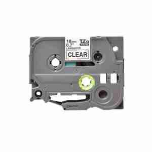 Compatible Brother TZ2-141 18mm black on clear label roll Black on clear label applied to glass surface Brother P-Touch printer with TZ2-141 tape installed Close-up of transparent label with black text TZ2-141 compatible tape used on office folders Packaging of 18mm clear laminated label tape