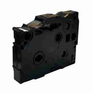 Compatible Brother TZ2-221 9mm black on white label tape roll Label printed with TZ2-221 on office file folder Brother P-touch printer with TZ2-221 tape installed Black text on white laminated label applied to storage bin 9mm durable label on home or office equipment Packaging of compatible TZ2-221 label tape for Brother printers