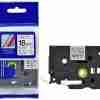 Compatible Brother TZ2-241 18mm black on white label tape roll Brother P-Touch printer with 18mm white tape installed Sample label printed in black on white TZ2-241 tape TZ2-241 tape used on file folder or office shelf Close-up of laminated label applied to electronic device Packaging of compatible 18mm Brother label tape