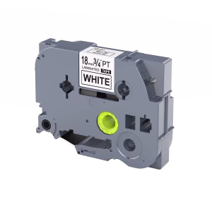 Compatible Brother TZ2-241 18mm black on white label tape roll Brother P-Touch printer with 18mm white tape installed Sample label printed in black on white TZ2-241 tape TZ2-241 tape used on file folder or office shelf Close-up of laminated label applied to electronic device Packaging of compatible 18mm Brother label tape