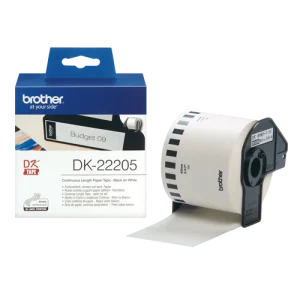 Brother DK-22205 label roll 62mm front view Black on white continuous label roll DK-22205 close-up Brother label roll installed in QL printer Roll of DK-22205 with printed address labels Custom-length signage printed on DK-22205 label roll Packaging of Brother DK-22205 continuous label roll