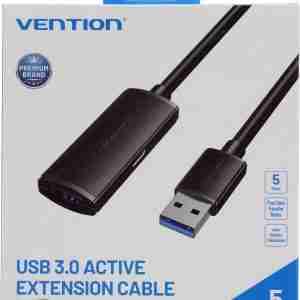 Vention CBMBJ 5M USB 3.0 active extension cable front view USB Type-A male to female cable black color 5 meters Signal boosting chipset close-up on Vention CBMBJ cable Vention USB 3.0 extension plugged into laptop and external device Coiled view of 5-meter Vention USB cable with reinforced ends Vention CBMBJ cable packaging with cable layout shown