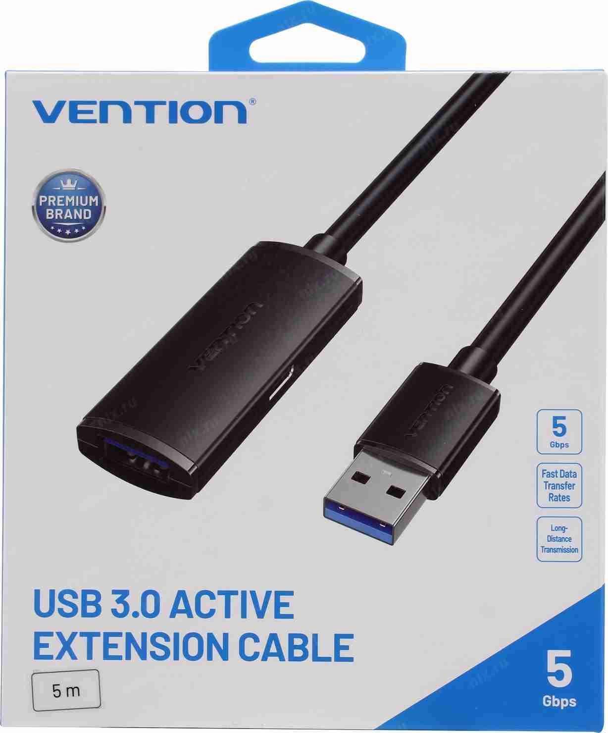 Vention CBMBJ 5M USB 3.0 active extension cable front view USB Type-A male to female cable black color 5 meters Signal boosting chipset close-up on Vention CBMBJ cable Vention USB 3.0 extension plugged into laptop and external device Coiled view of 5-meter Vention USB cable with reinforced ends Vention CBMBJ cable packaging with cable layout shown