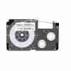 Casio PT-12WE 12mm compatible label tape black on white 8m roll of Casio label tape in white with black text Label tape cartridge compatible with Casio KL printers Side view of Casio PT-12WE tape for 12mm printing Sample label printed using Casio black on white tape Casio PT-12WE tape roll packaging close-up