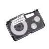 Casio PT-12WE 12mm compatible label tape black on white 8m roll of Casio label tape in white with black text Label tape cartridge compatible with Casio KL printers Side view of Casio PT-12WE tape for 12mm printing Sample label printed using Casio black on white tape Casio PT-12WE tape roll packaging close-up