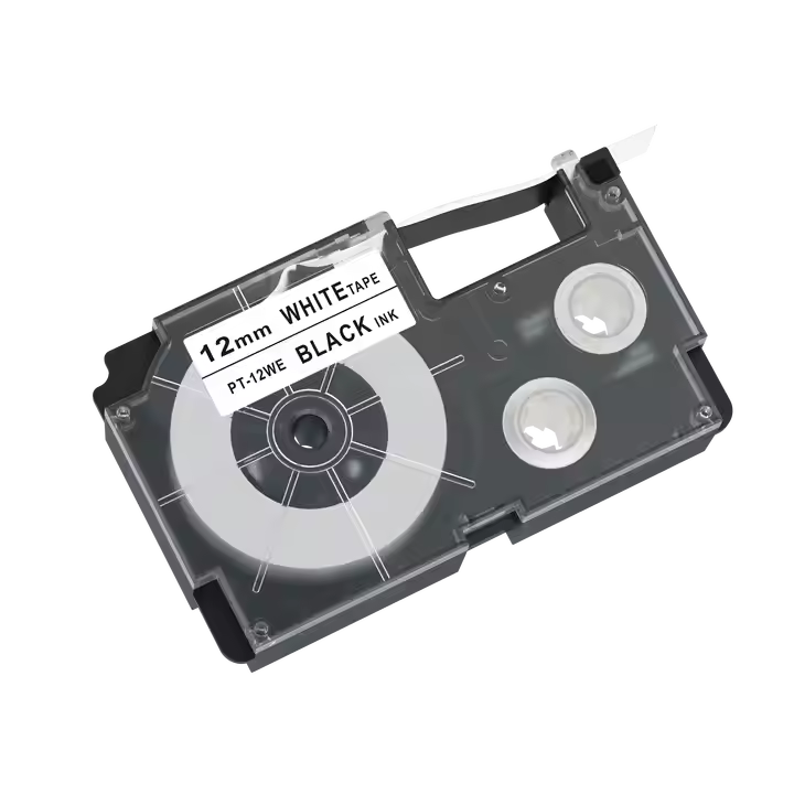 Casio PT-12WE 12mm compatible label tape black on white 8m roll of Casio label tape in white with black text Label tape cartridge compatible with Casio KL printers Side view of Casio PT-12WE tape for 12mm printing Sample label printed using Casio black on white tape Casio PT-12WE tape roll packaging close-up