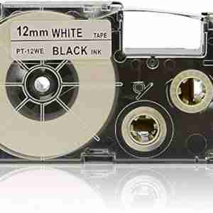 Casio PT-12WE 12mm compatible label tape black on white 8m roll of Casio label tape in white with black text Label tape cartridge compatible with Casio KL printers Side view of Casio PT-12WE tape for 12mm printing Sample label printed using Casio black on white tape Casio PT-12WE tape roll packaging close-up