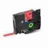 Compatible Brother TZ2-431 12mm black on red label tape roll Brother P-touch printer with TZ2-431 tape installed Black on red label applied to toolbox or safety folder Close-up of printed label on red laminated tape TZ2-431 label used for cable tagging Packaging of compatible red label tape for Brother printers