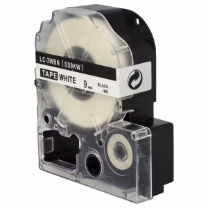 Compatible Epson SS9KW 9mm label tape black on white 9mm label roll installed in Epson LW-400 printer White tape with black text applied to storage box Epson compatible tape packaging for SS9KW 8m 9mm label tape roll for Epson LabelWorks printers Close-up of SS9KW label on cable or file folder