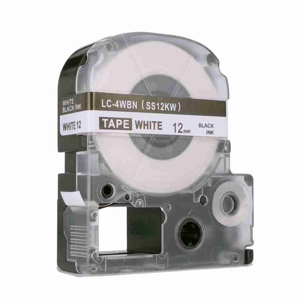 Compatible Epson SS12KW 12mm black on white label tape roll Laminated Epson label tape applied to network cable Epson LW-400 printer with SS12KW label tape installed Waterproof label printed with Epson compatible tape Close-up of Epson 12mm tape with black on white print Industrial tool labeled using Epson SS12KW tape