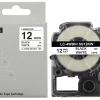 Compatible Epson SS12KW 12mm black on white label tape roll Laminated Epson label tape applied to network cable Epson LW-400 printer with SS12KW label tape installed Waterproof label printed with Epson compatible tape Close-up of Epson 12mm tape with black on white print Industrial tool labeled using Epson SS12KW tape