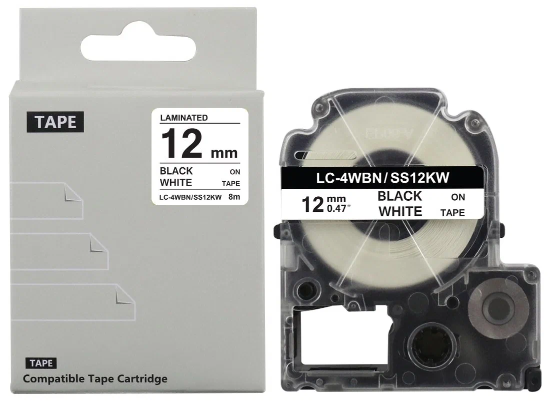 Compatible Epson SS12KW 12mm black on white label tape roll Laminated Epson label tape applied to network cable Epson LW-400 printer with SS12KW label tape installed Waterproof label printed with Epson compatible tape Close-up of Epson 12mm tape with black on white print Industrial tool labeled using Epson SS12KW tape