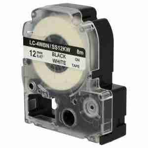 Compatible Epson SS12KW 12mm black on white label tape roll Laminated Epson label tape applied to network cable Epson LW-400 printer with SS12KW label tape installed Waterproof label printed with Epson compatible tape Close-up of Epson 12mm tape with black on white print Industrial tool labeled using Epson SS12KW tape
