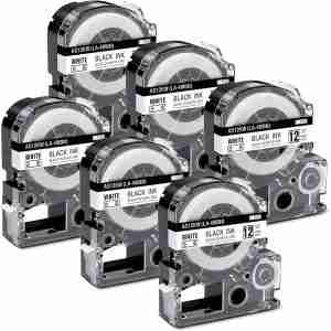 Compatible Epson SS12KW 12mm black on white label tape roll Laminated Epson label tape applied to network cable Epson LW-400 printer with SS12KW label tape installed Waterproof label printed with Epson compatible tape Close-up of Epson 12mm tape with black on white print Industrial tool labeled using Epson SS12KW tape