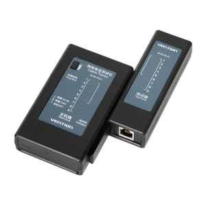 Vention KEFB0 manual cable tester with detachable remote RJ45 and RJ11 cable tester showing LED indicators KEFB0 tester in use on Ethernet cable Side view of Vention network tester with LED light Micro USB and 9V battery input on KEFB0 tester KEFB0 portable tester on tech toolkit surface