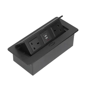 Nexa black pop-up multifunction socket open with ports visible Nexa flip-up socket in matte black finish for desks Side view of Nexa black desktop socket with cable ports Nexa pop-up power hub installed in modern office table Nexa multifunction desktop socket with HDMI, VGA, USB Closed Nexa black pop-up socket blending with desk surface